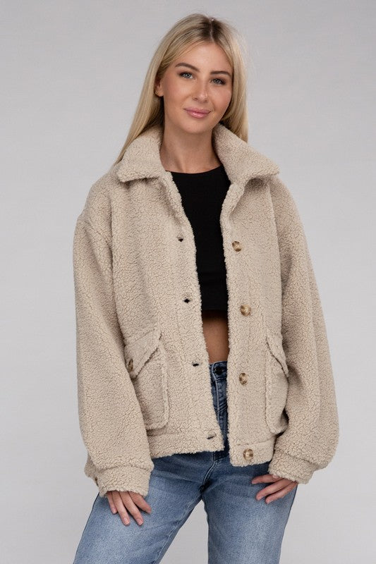 Cozy Sherpa Button-Front Jacket-Teresa's Fashionista LLC