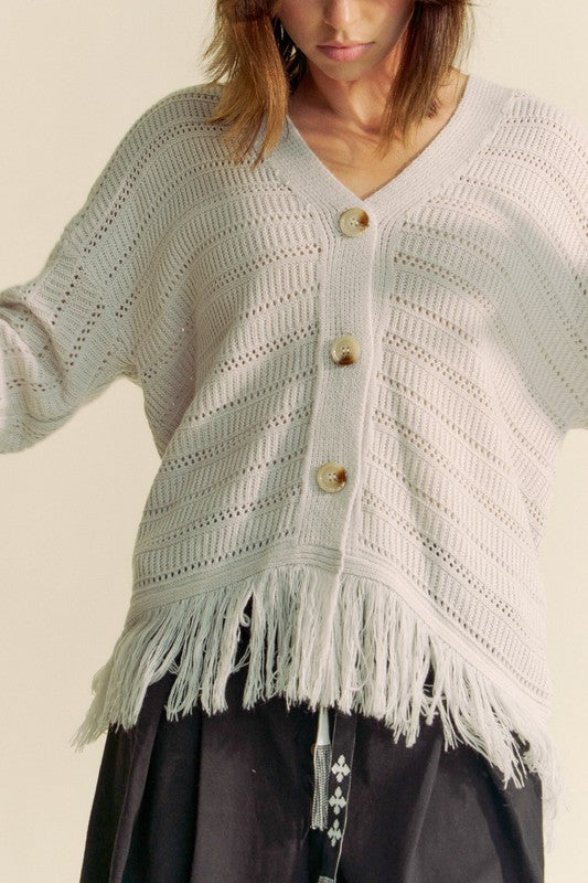 Davi & Dani Fringe V-Neck Button Up Long Sleeve Cardigan - Teresa's Fashionista LLC