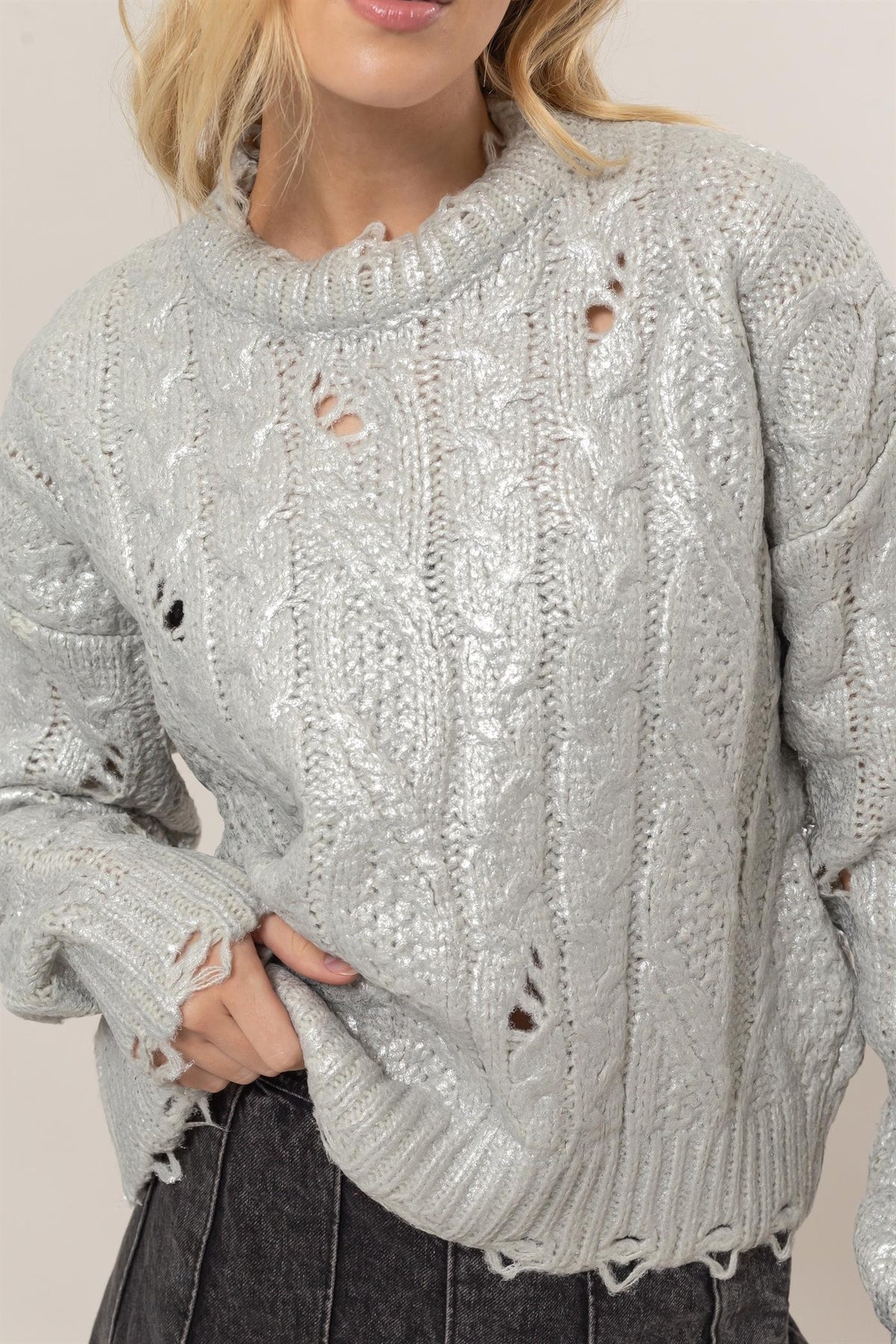 HYFVE Distressed Cable-Knit Round Neck Long Sleeve Sweater - Teresa's Fashionista LLC