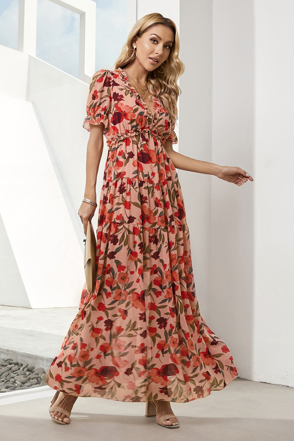 Floral V-Neck Short Flounce Sleeve Dress-Teresa's Fashionista LLC