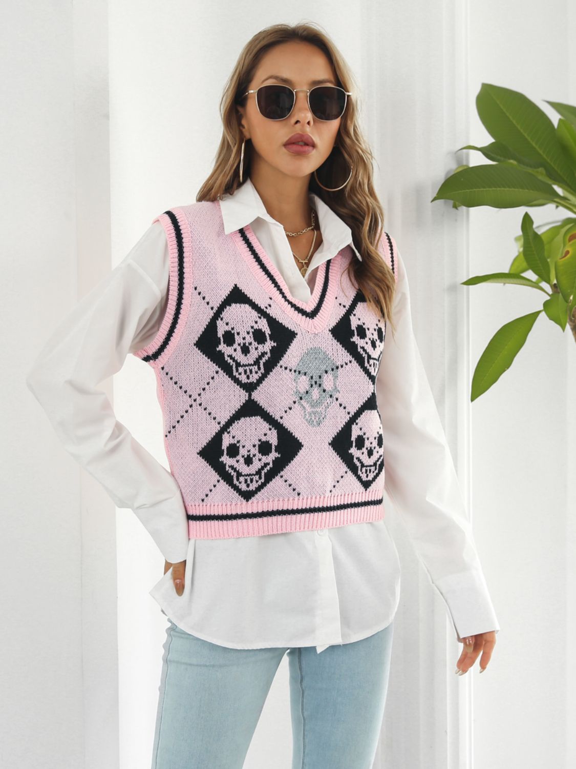 Skull Contrast V-Neck Sweater Vest - Teresa's Fashionista LLC