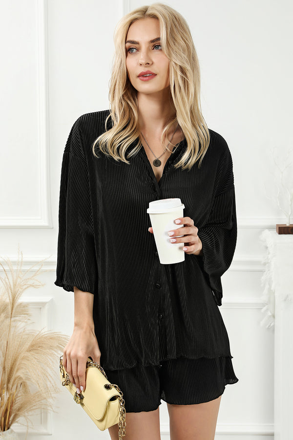 Pleated Button Up Shirt and Shorts Lounge Set-Teresa's Fashionista LLC