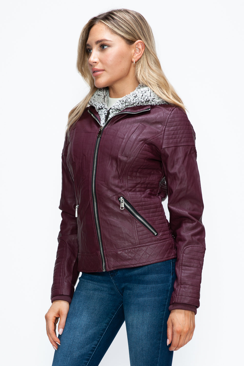 YMI Faux Layered Double-Zipper Jacket with Fuzzy Hood - Teresa's Fashionista LLC