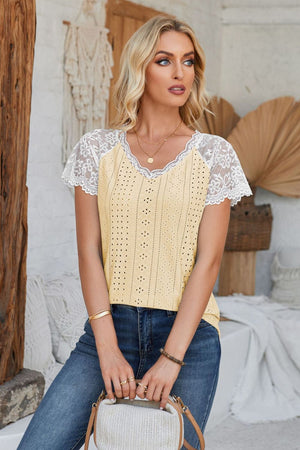 Eyelet V-Neck Lace Short Sleeve T-Shirt-Teresa's Fashionista LLC