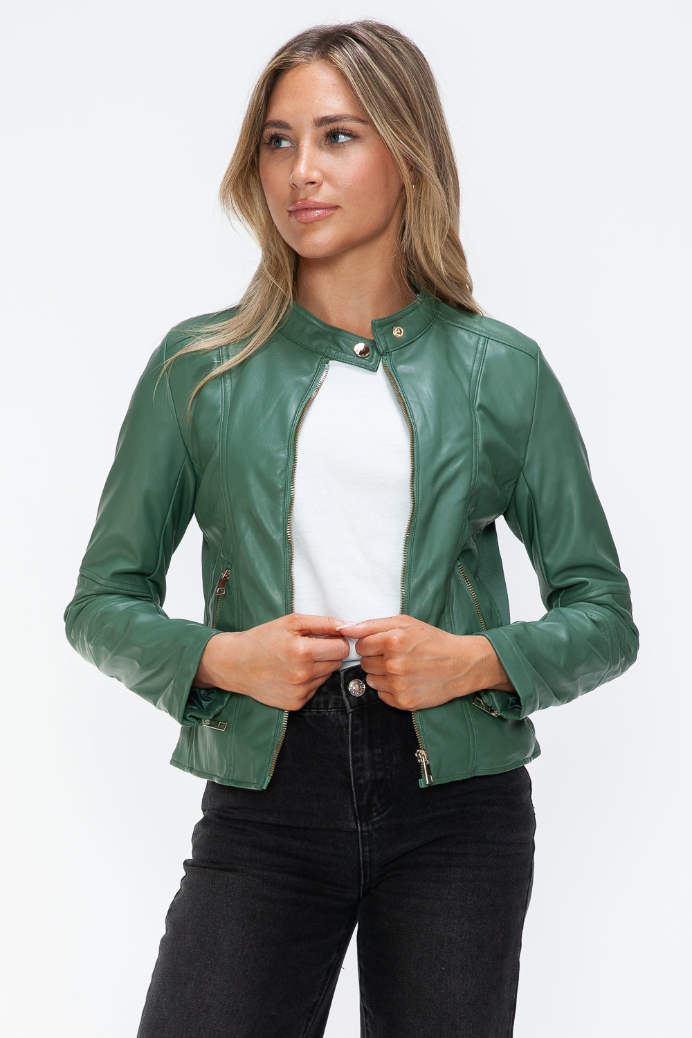 Snobbish Faux Leather Zip Up Drawstring Hooded Jacket - Teresa's Fashionista LLC