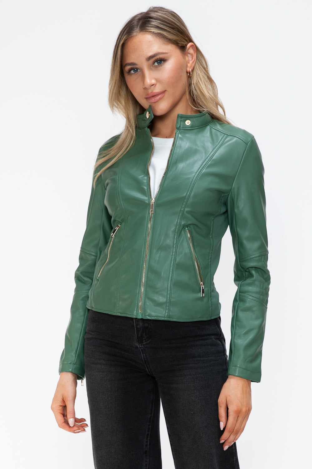 Snobbish Faux Leather Zip Up Drawstring Hooded Jacket - Teresa's Fashionista LLC