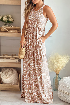 Leopard Round Neck Sleeveless Maxi Dress-Teresa's Fashionista LLC