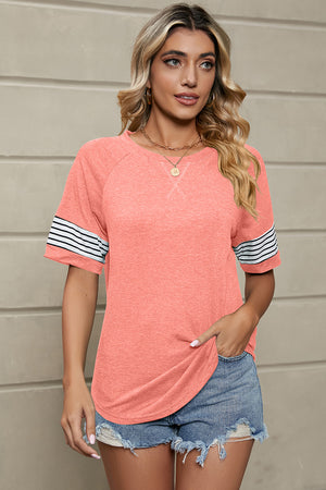 Striped Round Neck Short Sleeve T-Shirt-Teresa's Fashionista LLC