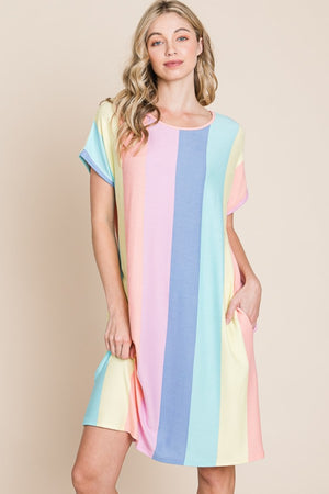 BOMBOM Striped Short Sleeve Dress with Pockets-Teresa's Fashionista LLC