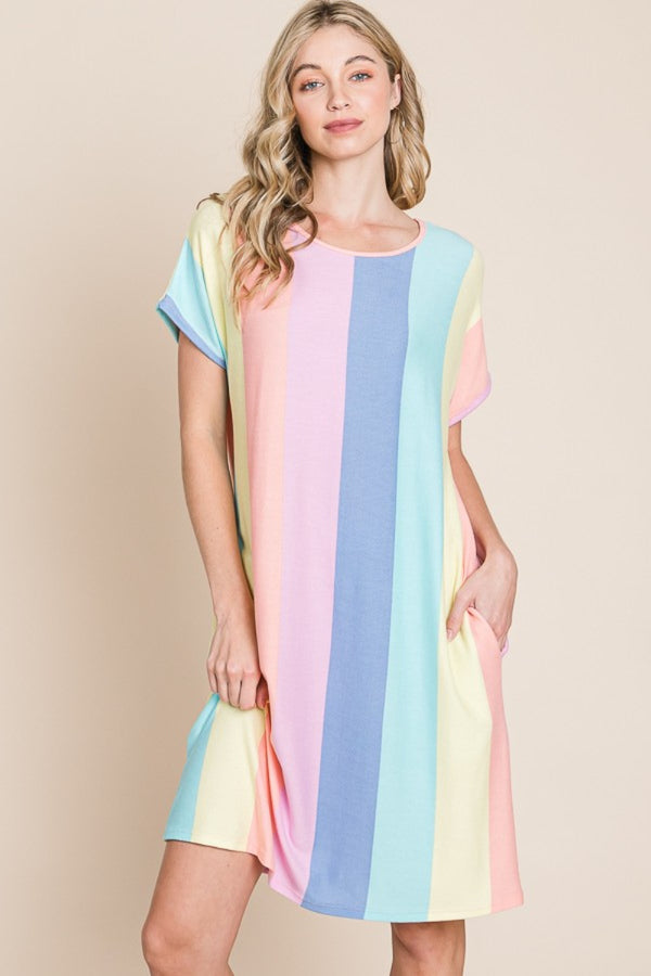 BOMBOM Striped Short Sleeve Dress with Pockets-Teresa's Fashionista LLC