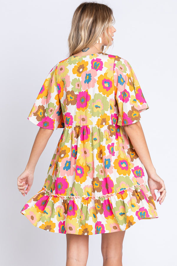 GeeGee Floral V-Neck Ruffle Hem Mini Dress-Teresa's Fashionista LLC