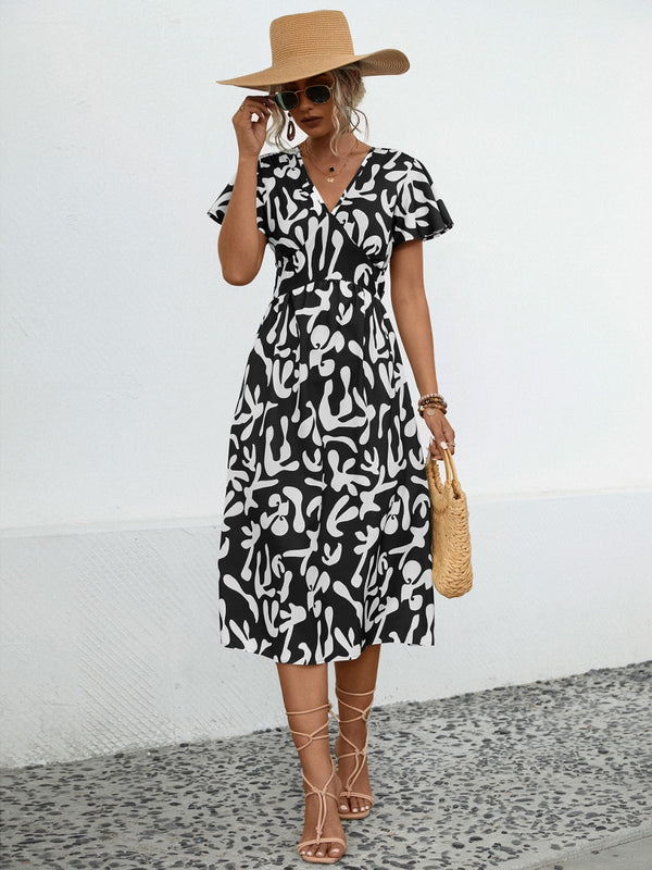 Printed V-Neck Short Sleeve Dress-Teresa's Fashionista LLC