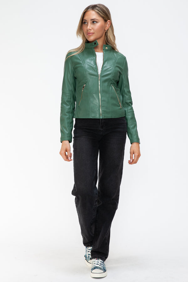 Snobbish Faux Leather Zip Up Drawstring Hooded Jacket - Teresa's Fashionista LLC