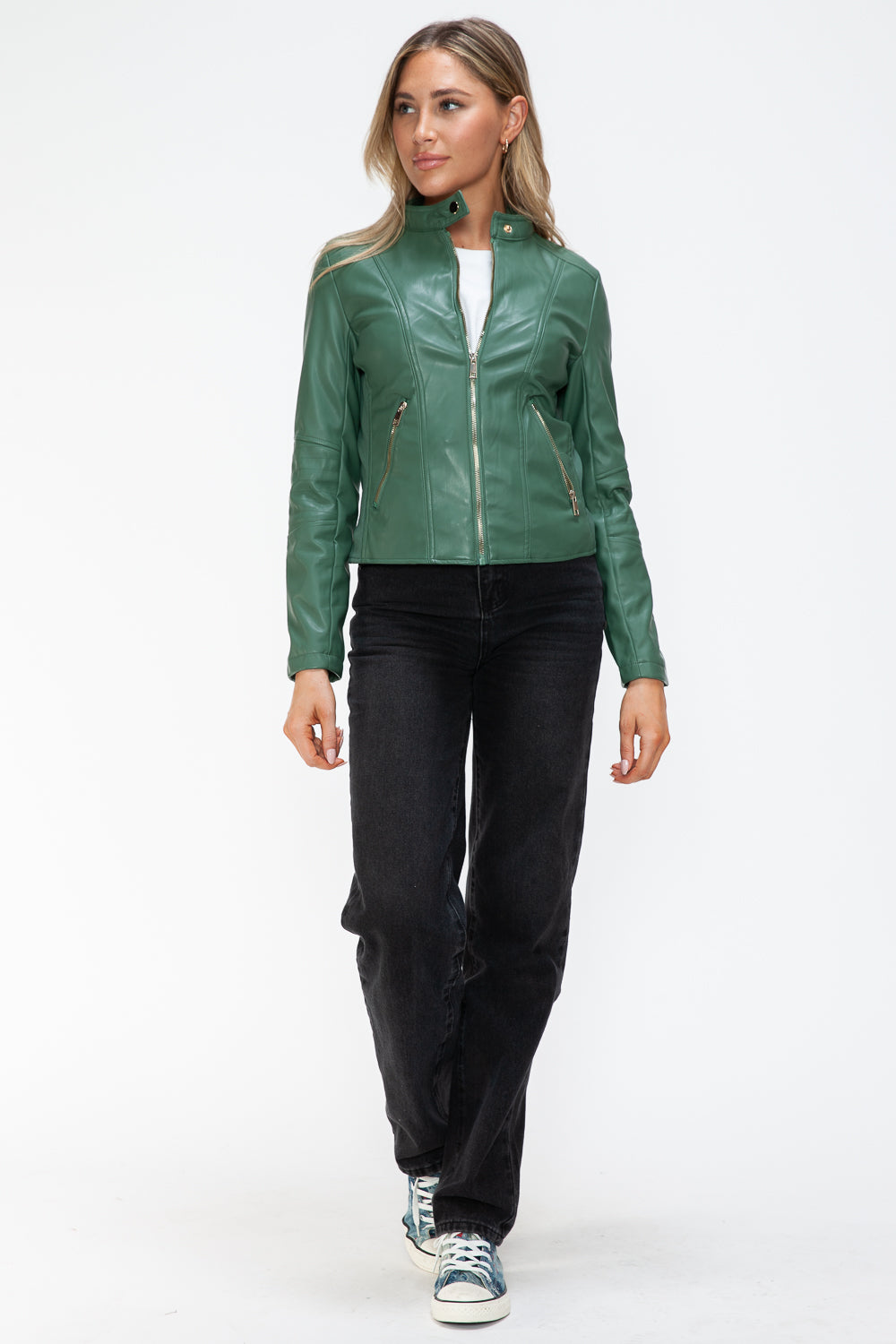 Snobbish Faux Leather Zip Up Drawstring Hooded Jacket - Teresa's Fashionista LLC