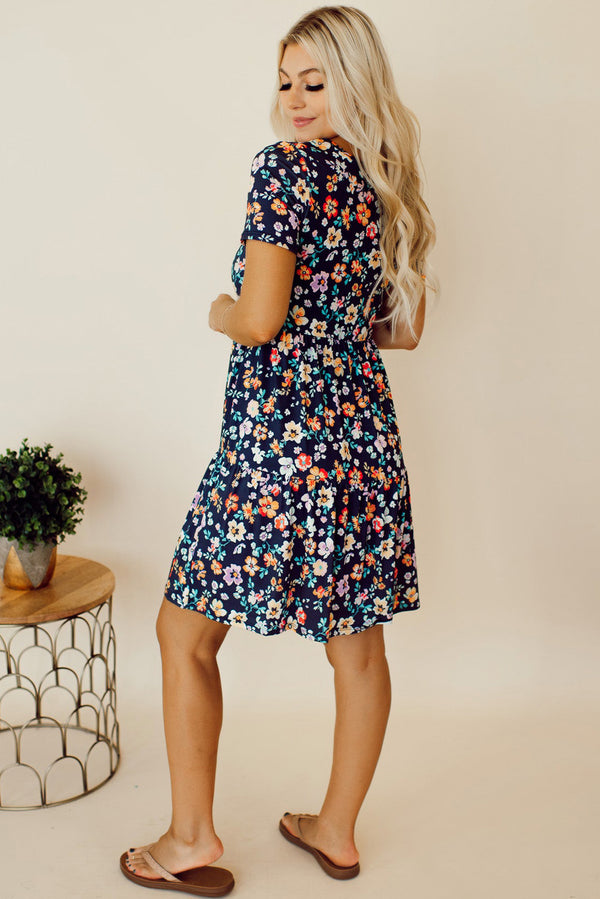 Floral Round Neck Short Sleeve Mini Dress-Teresa's Fashionista LLC