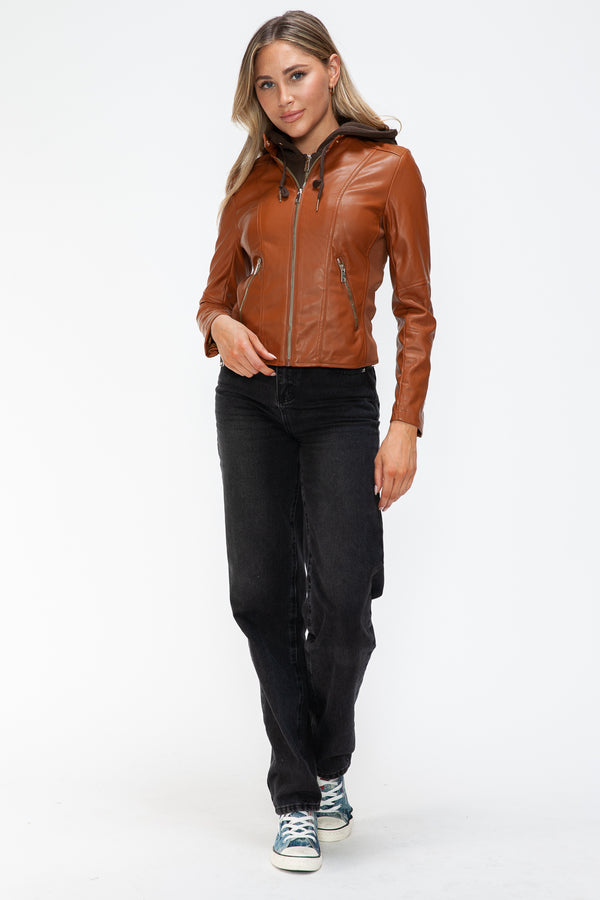 Snobbish Faux Leather Zip Up Drawstring Hooded Jacket - Teresa's Fashionista LLC