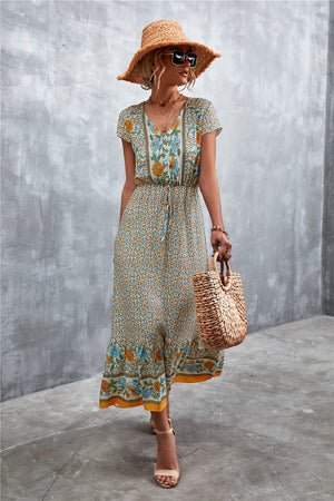 V-Neck Short Sleeve Printed Maxi Dress-Teresa's Fashionista LLC
