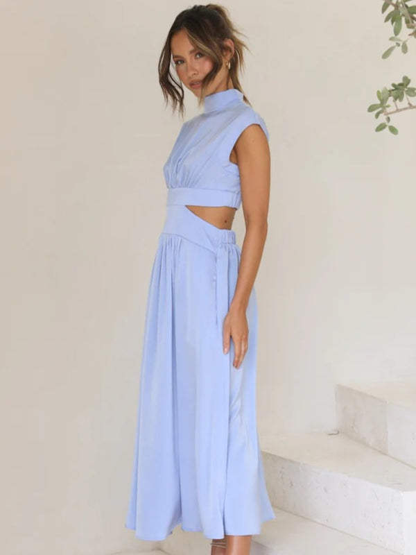 Cutout Mock Neck Sleeveless Ruched Dress-Teresa's Fashionista LLC