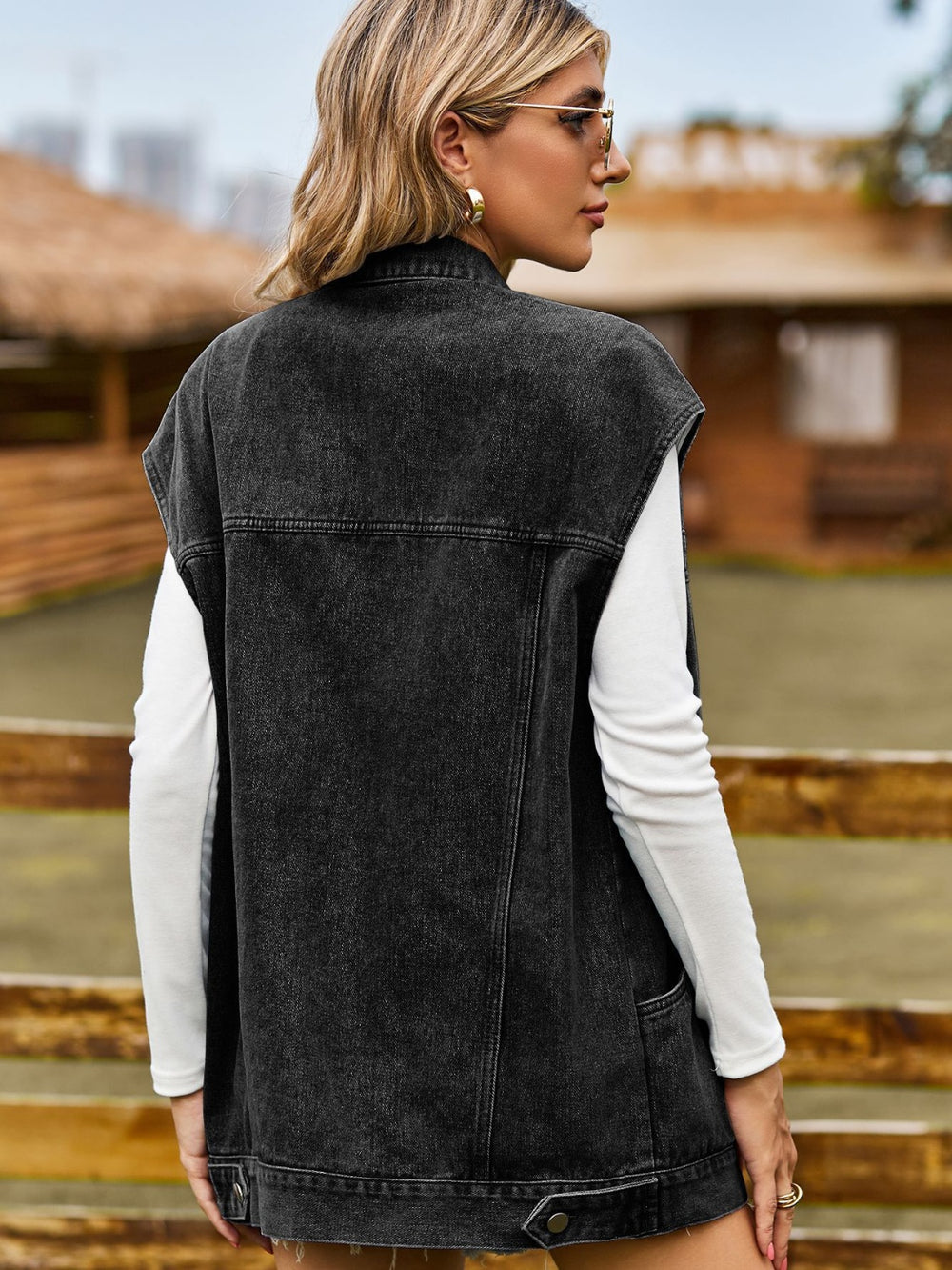 Button Up Collared Neck Sleeveless Denim Jacket-Teresa's Fashionista LLC