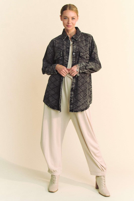 Davi & Dani Curved Hem Diamond Quilted Button Up Denim Shacket - Teresa's Fashionista LLC