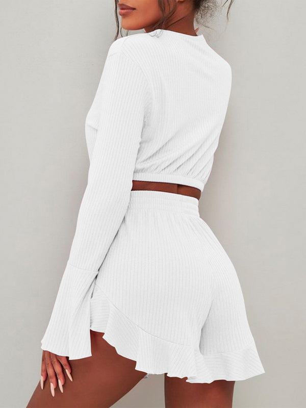 Round Neck Long Sleeve Top and Ruffled Shorts Set-Teresa's Fashionista LLC