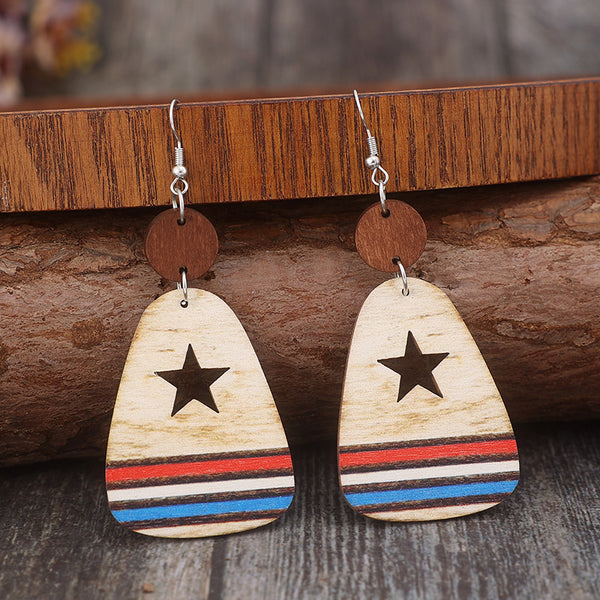Cutout Star & Stripes Wooden Dangle Earrings-Teresa's Fashionista LLC