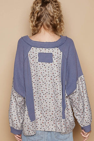 POL Waffle Knit Floral Notched Long Sleeve Top - Teresa's Fashionista LLC