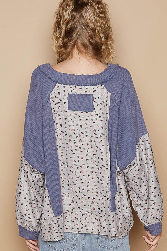 POL Waffle Knit Floral Notched Long Sleeve Top - Teresa's Fashionista LLC