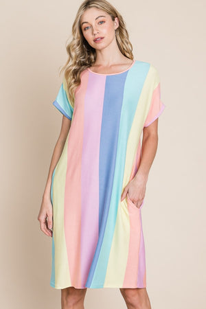 BOMBOM Striped Short Sleeve Dress with Pockets-Teresa's Fashionista LLC