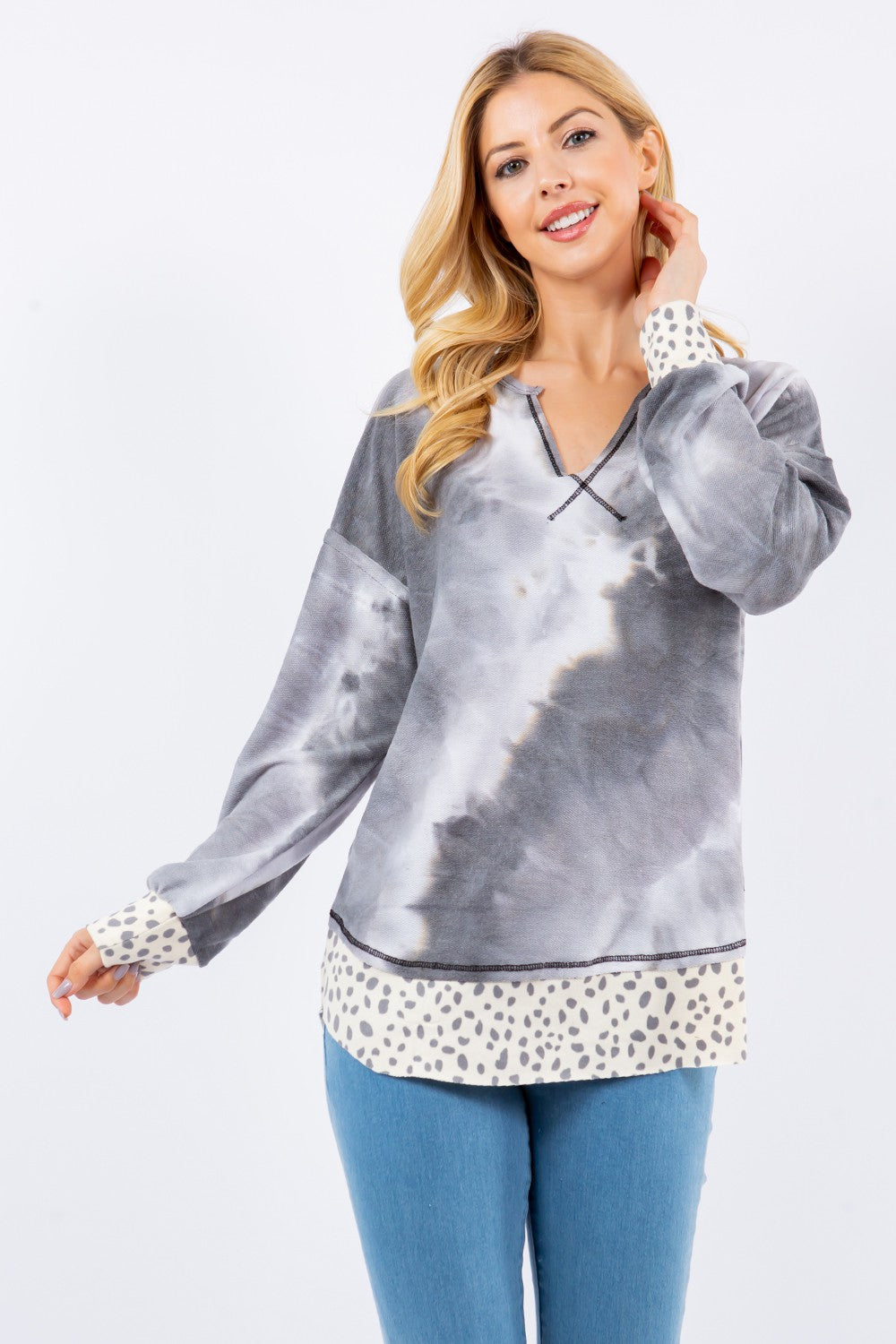 Celeste Full Size Contrast Stitching Notched Dropped Shoulder Blouse - Teresa's Fashionista LLC