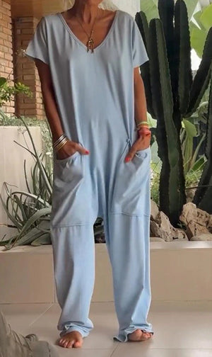 European And American Solid Color And V-neck Oversized Pocket Low-grade Jumpsuit - Teresa's Fashionista LLC