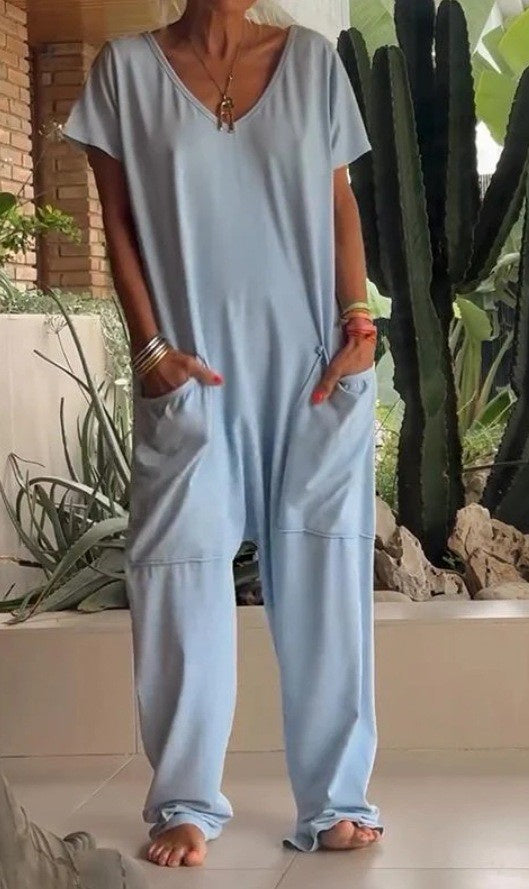 European And American Solid Color And V-neck Oversized Pocket Low-grade Jumpsuit - Teresa's Fashionista LLC