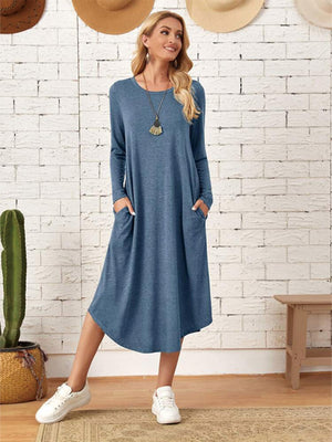 Pocketed Round Neck Long Sleeve Tee Dress-Teresa's Fashionista LLC