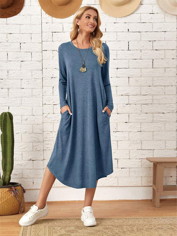 Pocketed Round Neck Long Sleeve Tee Dress-Teresa's Fashionista LLC