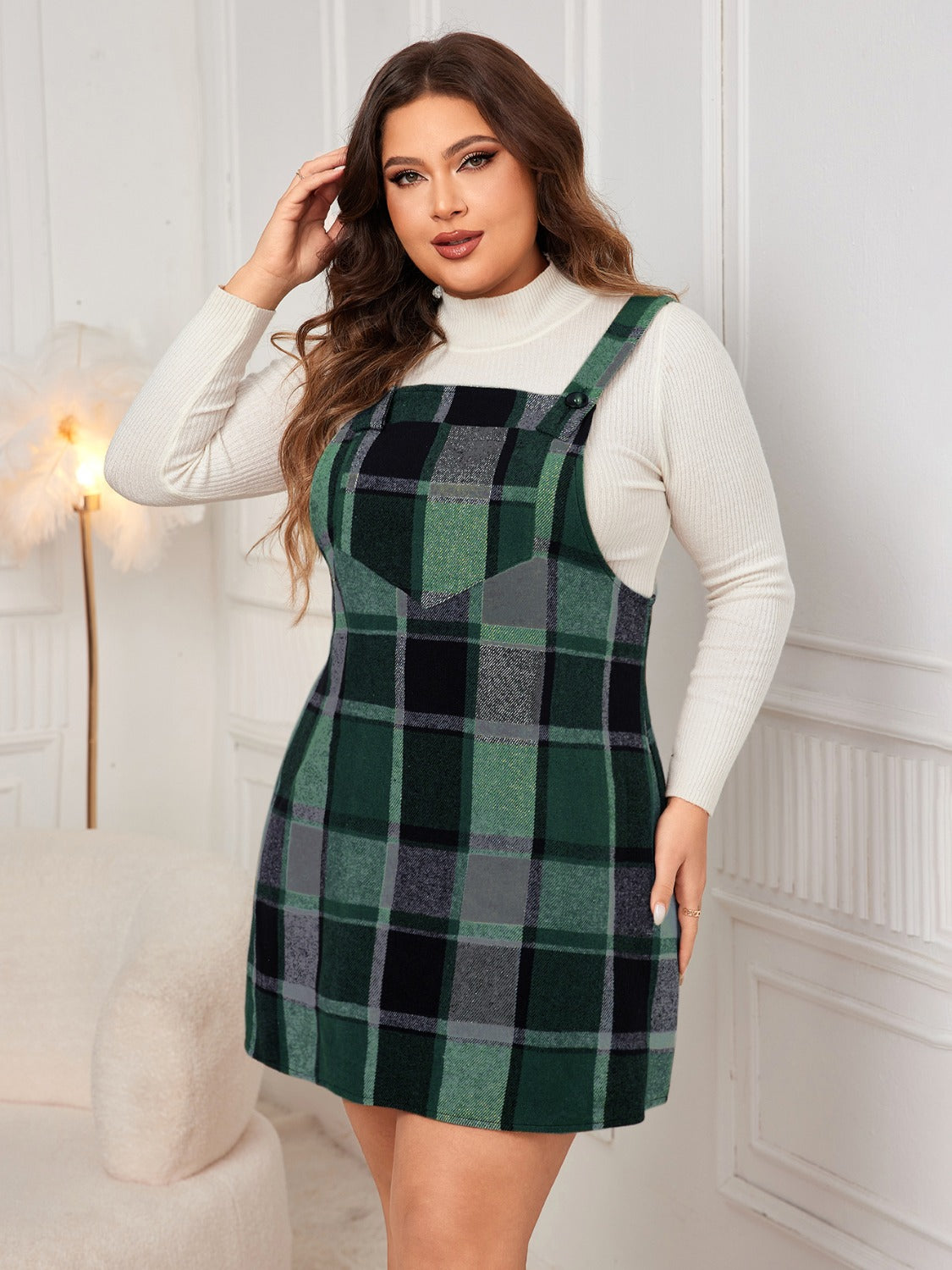Honey Plus Size Plaid Wide Strap Overall Dress - Teresa's Fashionista LLC