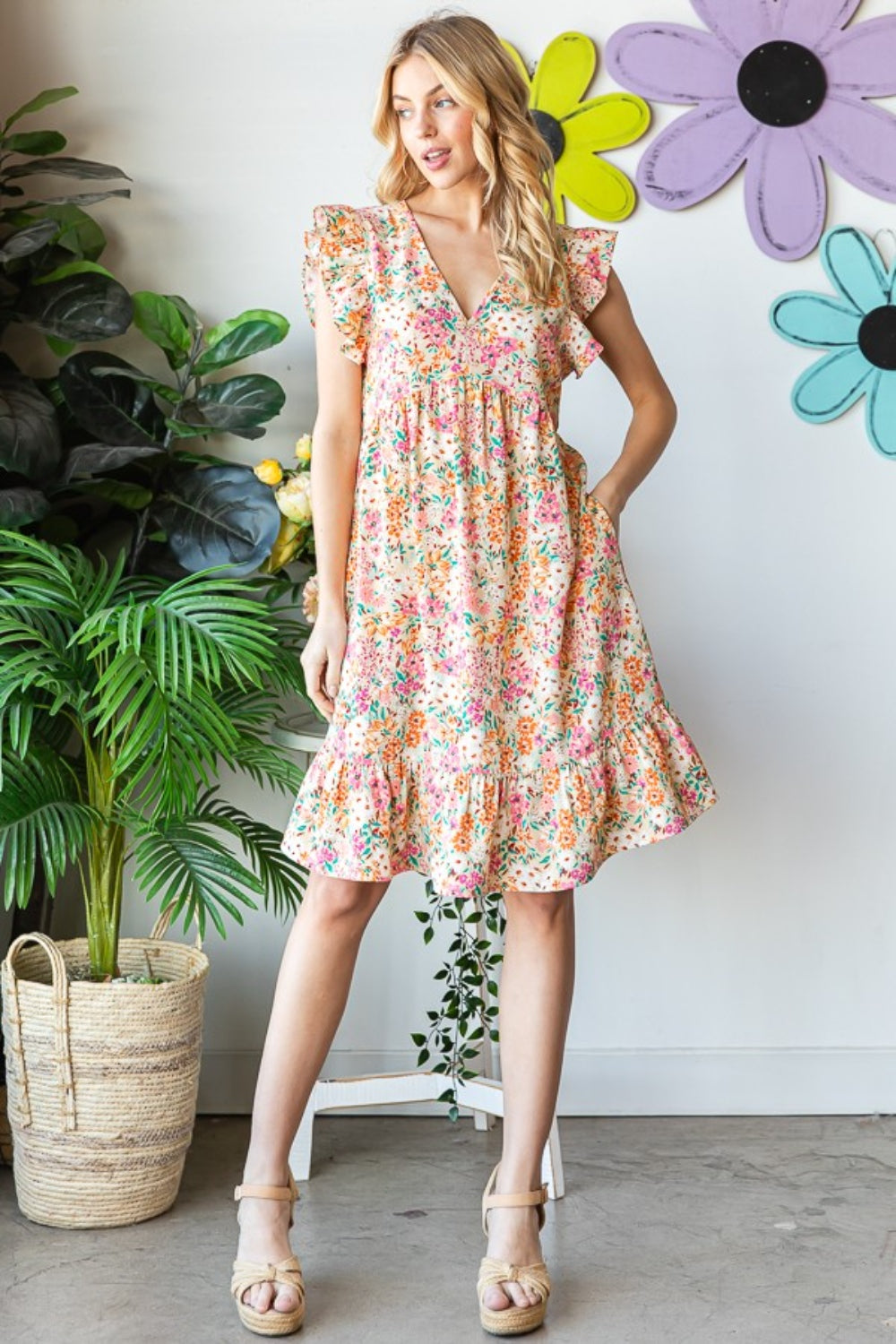 Heimish Full Size Floral Ruffled V-Neck Dress-Teresa&#39;s Fashionista LLC