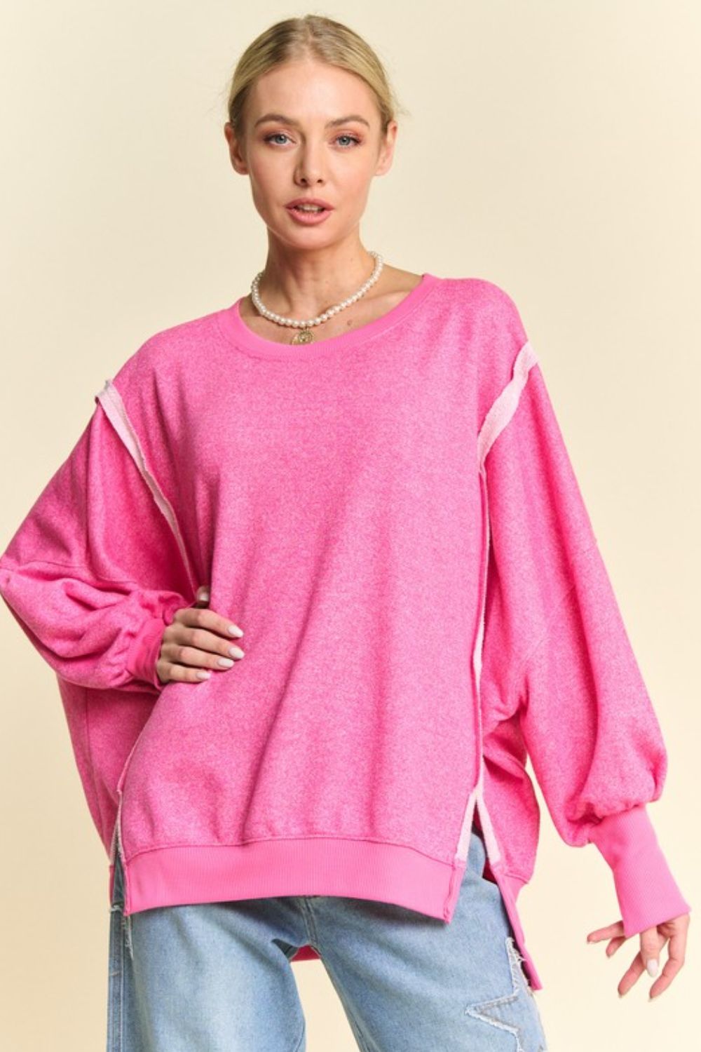 Davi & Dani Side Slit High-Low Lantern Sleeve Knit Top - Teresa's Fashionista LLC