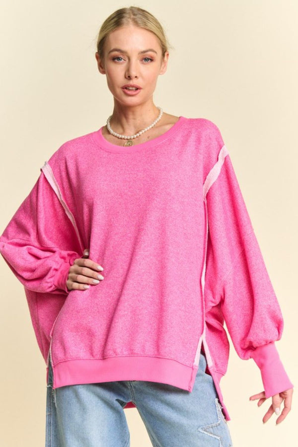 Davi & Dani Side Slit High-Low Lantern Sleeve Knit Top - Teresa's Fashionista LLC