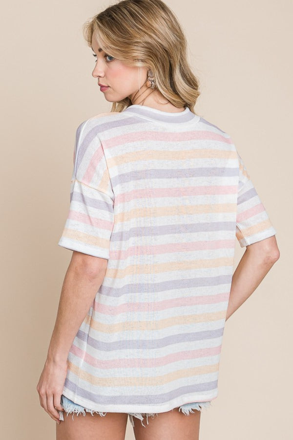BOMBOM Striped V-Neck Short Sleeve T-Shirt-Teresa's Fashionista LLC