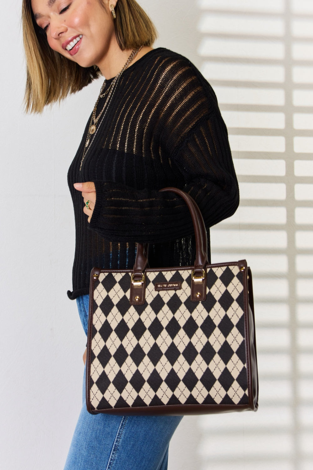 David Jones Argyle Pattern PU Leather Handbag-Teresa&#39;s Fashionista LLC