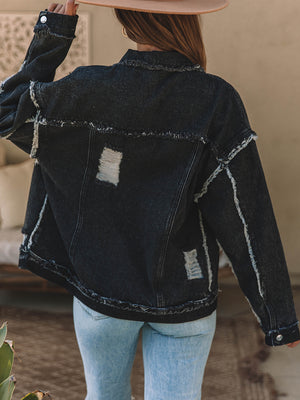 Button Up Raw Hem Distressed Denim Jacket-Teresa's Fashionista LLC