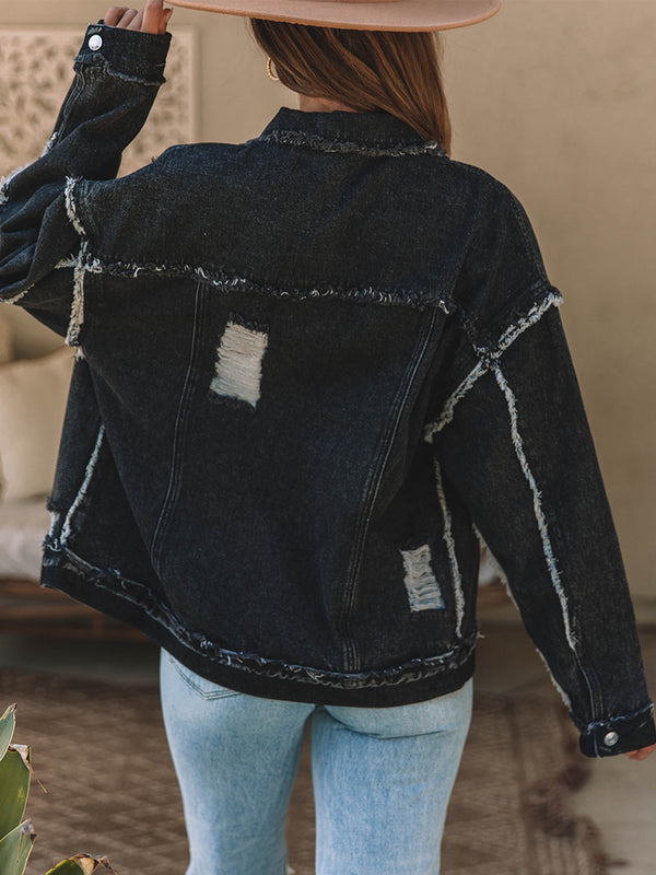 Button Up Raw Hem Distressed Denim Jacket-Teresa's Fashionista LLC