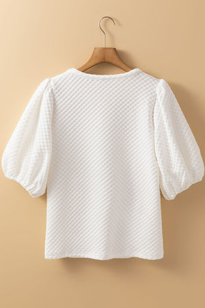 Textured Round Neck Puff Sleeve Blouse - Teresa's Fashionista LLC