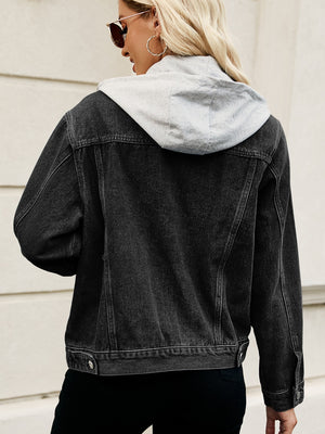 Drawstring Hooded Button Up Denim Jacket-Teresa's Fashionista LLC
