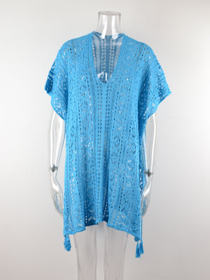 Cutout V-Neck Cover-Up with Tassel-Teresa's Fashionista LLC