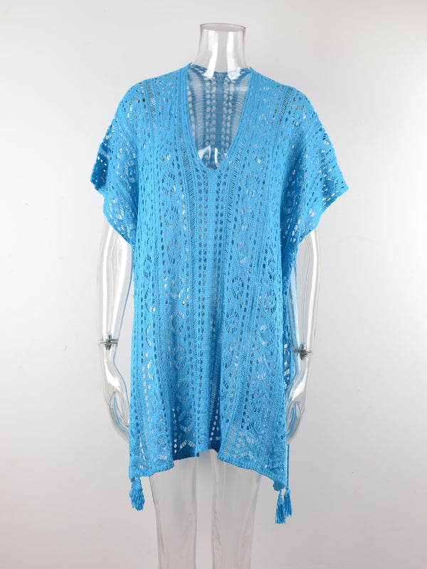 Cutout V-Neck Cover-Up with Tassel-Teresa's Fashionista LLC