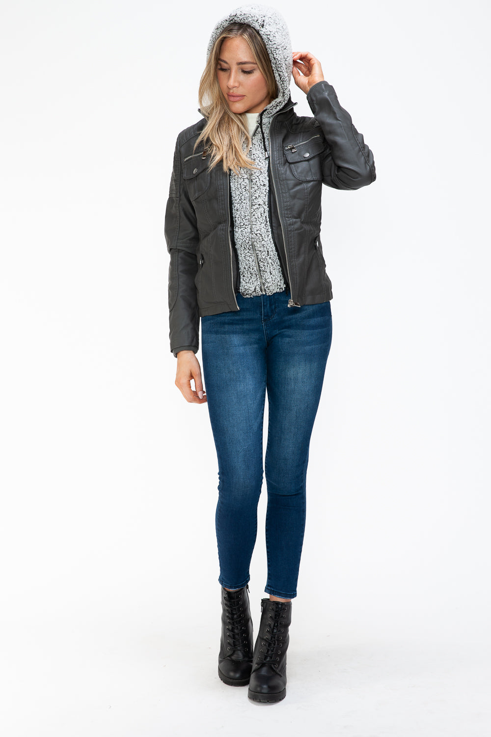 YMI Removable Faux Layered Multi-Pocket Jacket with Fuzzy Hood - Teresa's Fashionista LLC