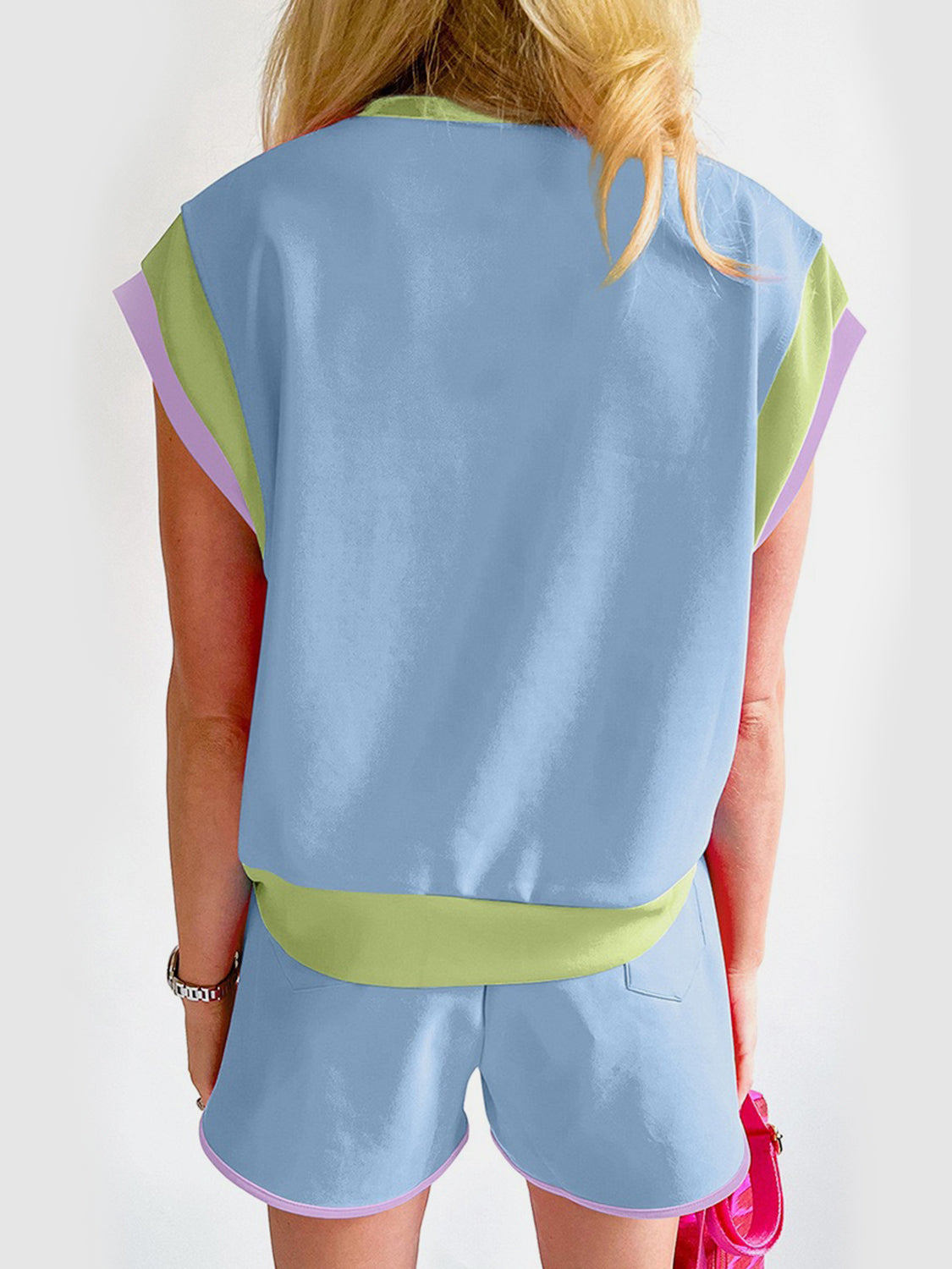 Contrast Round Neck Top and Shorts Set-Teresa&#39;s Fashionista LLC