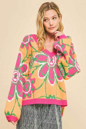 Davi & Dani Floral Contrast V-Neck Dropped Shoulder Sweater - Teresa's Fashionista LLC