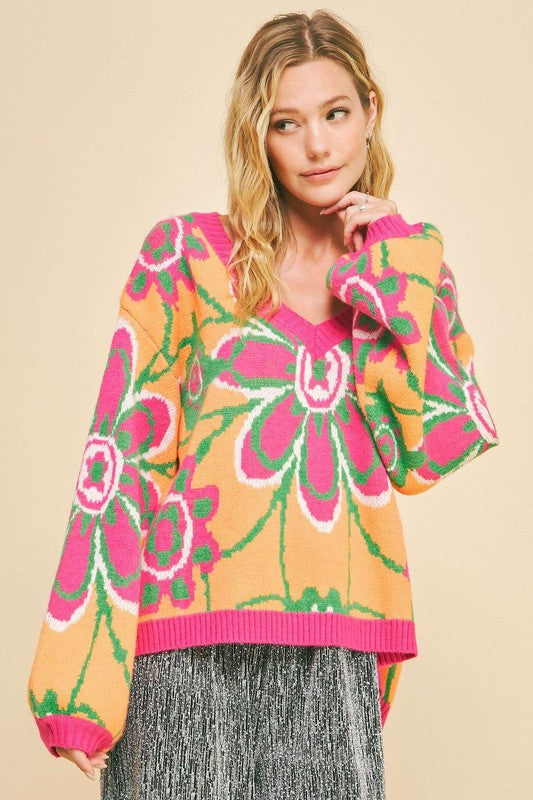 Davi & Dani Floral Contrast V-Neck Dropped Shoulder Sweater - Teresa's Fashionista LLC
